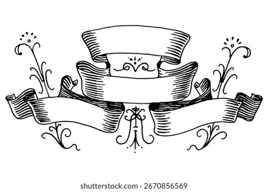 Conjunto de Anuncio de cinta scroll en estilo Barocco. Grabado dibujado a mano para su texto en técnica tradicional vintage. Para bodas, eventos, cumpleaños y saludos.