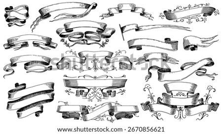 Set of scroll ribbon banners in Barocco style. Hand drawn engraving for your text in vintage traditional technique. For wedding, events, birthday and greetings.