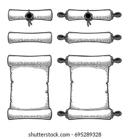 Set scroll with seal isolated on white background. Vector black vintage engraving illustration for menu, web and label. Hand drawn in a graphic style.