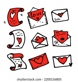 a set of scrolls and envelopes with letters with red color. Vintage isolated vector greeting cards and letters in black outline with a red heart doodle on white, isolated for decorative design.