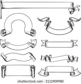 A set of scrolls, flags, paper banners and parchment ribbons in a vintage retro woodcut style