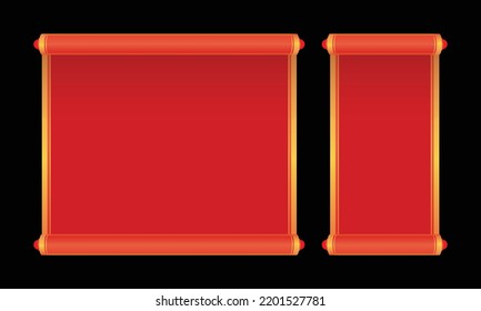 Set of scrolls red background and golden ornament in traditional style. 3D realistic, isolated on white background. Vector illustration.