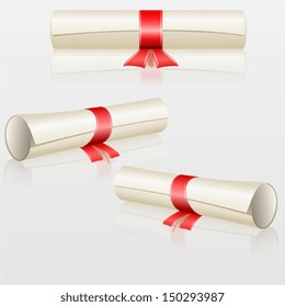 Set scrolls with red ribbon. Certification, education, business affiliations