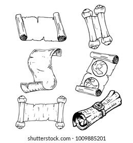 Set of scrolls. Vector illustration old scroll with a painted map and a scroll twisted into a roll with a seal. Vintage pirate scrolls. Hand drawn scroll, ancient papyrus or old blank letter.