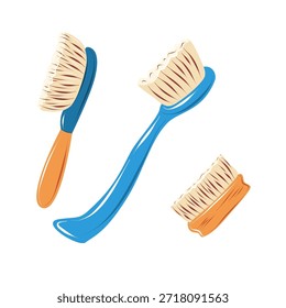 Set von Scheuerbürsten für die Tiefenreinigung von Oberflächen. Handgezeichnete Vektorgrafik einzeln auf Weiß, ideal für die Reinigung von Badezimmern, die Küchenhygiene, die Haushaltsreinigung und das Reinigungsproduktdesign.