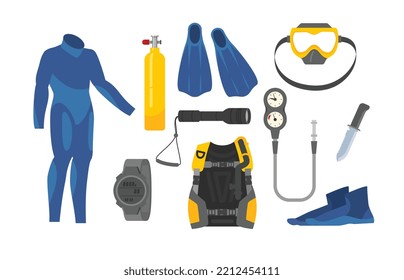 Set Of Scuba Diver Equipment Flat Style, Vector Illustration Isolated On White Background. Blue Wetsuit And Flippers, Oxygen Tank, Mask. Tools For Underwater Explorations