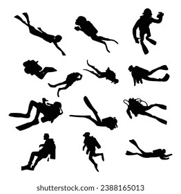 Set of scuba diver silhouette vector On White Background.
