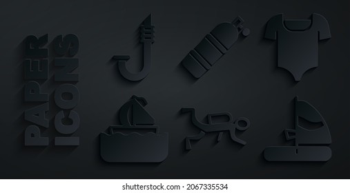 Set Scuba diver, Swimsuit, Yacht sailboat, Windsurfing, Aqualung and Snorkel icon. Vector