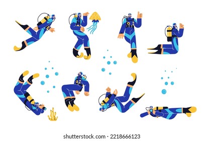 Set of scuba divers in blue wetsuits with yellow fins and oxygen tank flat style, vector illustration isolated on white background. Various poses of people, bubbles, jellyfish