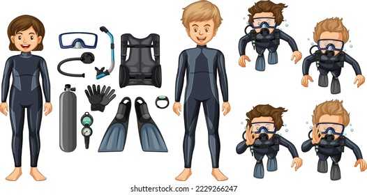 Set of scuba diving cartoon character and diving tools illustration