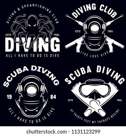 Set of Scuba diving club and diving school badges with design elements. Vector illustration. Concept for shirt or logo, print, stamp or tee. Vintage typography design with diving gear silhouette.