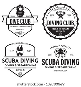 Set of Scuba diving club and diving school design. Concept for shirt or logo, print, stamp or tee. Vintage typography design with diving gear silhouette. Vector illustration.