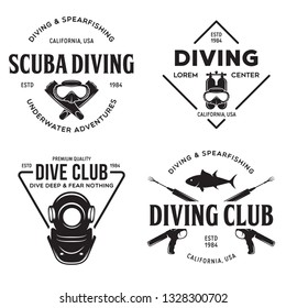 Set of Scuba diving club and diving school design. Concept for shirt or logo, print, stamp or tee. Vintage typography design with diving gear silhouette. Vector illustration.