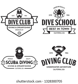 Set of Scuba diving club and diving school design. Concept for shirt or logo, print, stamp or tee. Vintage typography design with diving gear silhouette. Vector illustration.