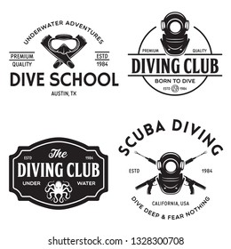 Set of Scuba diving club and diving school design. Concept for shirt or logo, print, stamp or tee. Vintage typography design with diving gear silhouette. Vector illustration.