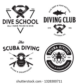 Set of Scuba diving club and diving school design. Concept for shirt or logo, print, stamp or tee. Vintage typography design with diving gear silhouette. Vector illustration.