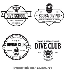 Set of Scuba diving club and diving school design. Concept for shirt or logo, print, stamp or tee. Vintage typography design with diving gear silhouette. Vector illustration.