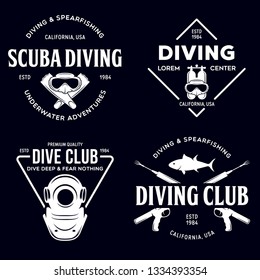 Set of Scuba diving club and diving school design. Concept for shirt or logo, print, stamp or tee. Vintage typography design with diving gear silhouette. Vector illustration.