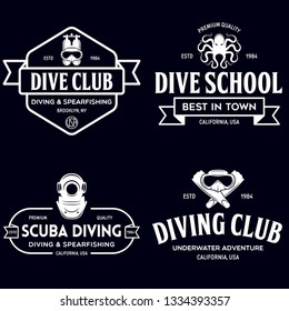 Set of Scuba diving club and diving school design. Concept for shirt or logo, print, stamp or tee. Vintage typography design with diving gear silhouette. Vector illustration.