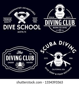 Set of Scuba diving club and diving school design. Concept for shirt or logo, print, stamp or tee. Vintage typography design with diving gear silhouette. Vector illustration.