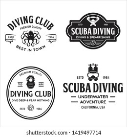 Set of Scuba diving club and diving school design. Concept for shirt or logo, print, stamp or tee. Vintage typography design with diving gear silhouette. Vector illustration.