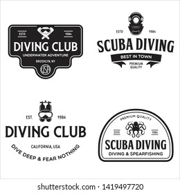 Set of Scuba diving club and diving school design. Concept for shirt or logo, print, stamp or tee. Vintage typography design with diving gear silhouette. Vector illustration.