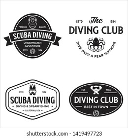 Set of Scuba diving club and diving school design. Concept for shirt or logo, print, stamp or tee. Vintage typography design with diving gear silhouette. Vector illustration.