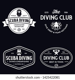 Set of Scuba diving club and diving school design. Concept for shirt or logo, print, stamp or tee. Vintage typography design with diving gear silhouette. Vector illustration.