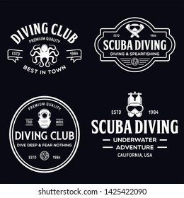 Set of Scuba diving club and diving school design. Concept for shirt or logo, print, stamp or tee. Vintage typography design with diving gear silhouette. Vector illustration.
