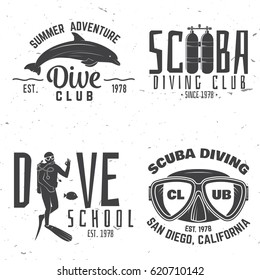 Set of Scuba diving club and diving school design. Vector illustration. Concept for shirt or logo, print, stamp or tee. Vintage typography design with diving gear silhouette.