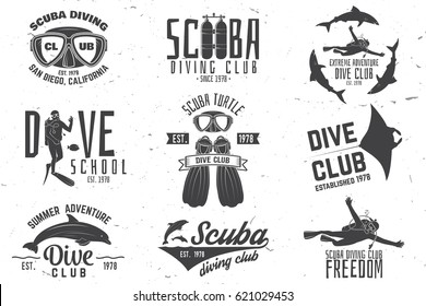 Set of Scuba diving club and diving school design. Vector illustration. Concept for shirt or logo, print, stamp or tee. Vintage typography design with diving gear silhouette.