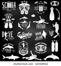 Set of Scuba diving club and diving school badges with design elements on the chalkboard. Vector illustration. Vintage typography design with diving gear silhouette.