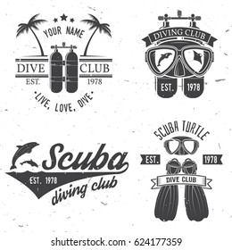 Set of Scuba diving club and diving school design. Vector illustration. Concept for shirt or logo, print, stamp or tee. Vintage typography design with diving gear silhouette.