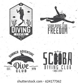 Set of Scuba diving club and diving school design. Vector illustration. Concept for shirt or logo, print, stamp or tee. Vintage typography design with diving gear silhouette.