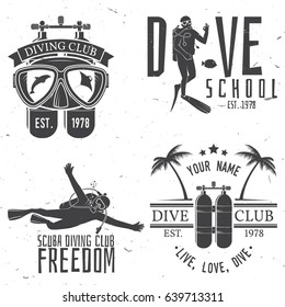 Set of Scuba diving club and diving school design. Vector illustration. Concept for shirt or logo, print, stamp or tee. Vintage typography design with diving gear silhouette.