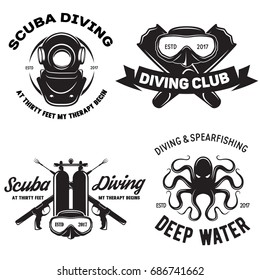 Set of Scuba diving club and diving school badges with design elements. Vector illustration. Concept for shirt or logo, print, stamp or tee. Vintage typography design with diving gear silhouette.