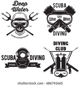 Set of Scuba diving club and diving school badges with design elements. Vector illustration. Concept for shirt or logo, print, stamp or tee. Vintage typography design with diving gear silhouette.