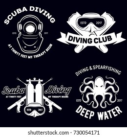 Set of Scuba diving club and diving school badges with design elements. Vector illustration. Concept for shirt or logo, print, stamp or tee. Vintage typography design with diving gear silhouette.