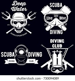 Set of Scuba diving club and diving school badges with design elements. Vector illustration. Concept for shirt or logo, print, stamp or tee. Vintage typography design with diving gear silhouette.