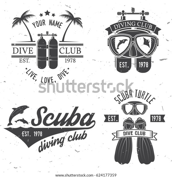 スキューバダイビングクラブとダイビングスクールのデザインのセット ベクターイラスト シャツやロゴ 印刷 スタンプ T型のコンセプト 潜水服のシルエットを使ったビンテージタイポグラフィデザイン のベクター画像素材 ロイヤリティフリー