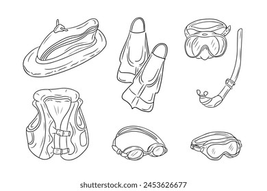 Set of scuba diving elements in doodle style. Clip art of things for summer vacation. Monochrome Vector outline illustration isolated on white background