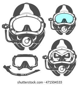 Set of scuba diving elements for emblems,logo ,prints,tattoo,label and design.
Deep scuba diving mask.