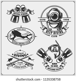 Set of Scuba diving emblems. Underwater swimming and spearfishing labels, logos and design elements.