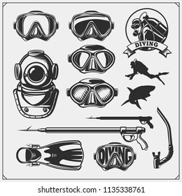 Set of Scuba diving emblems. Underwater swimming and spearfishing labels, logos and design elements.