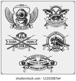 Set of Scuba diving emblems. Underwater swimming and spearfishing labels, logos and design elements.