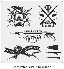 Set of Scuba diving emblems. Underwater swimming and spearfishing labels, logos and design elements.