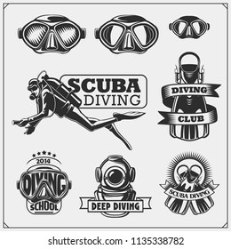 Set of Scuba diving emblems. Underwater swimming and spearfishing labels, logos and design elements.