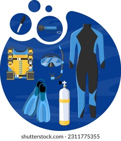 Set of scuba diving equipment in bubbles on white background, illustration