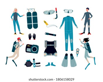 Set of scuba diving equipment and facilities for underwater photo shooting with cartoon characters of divers, flat vector illustration isolated on white background.