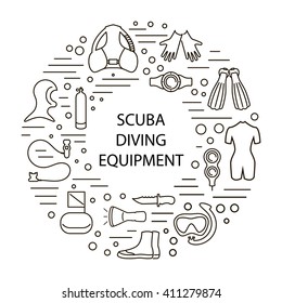 set of scuba diving equipment,  in a modern style lines. Isolated element for posters, banners, advertisings.  Vector illustration. eps10